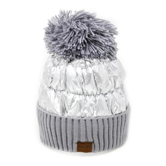 Metallic Foil FRINGE Pom Pom Puffer Knit Beanie (w/Fleece Lining), Winter Cap - Picture 4 of 5